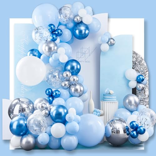 PartyWoo Blue Balloon Garland Kit, 140 pcs Blue and White Balloon Arch Kit, 4D Silver Balloons, Metallic Balloons, Confetti Balloons for Baby Shower Decorations, Birthday Decorations, Baptism
