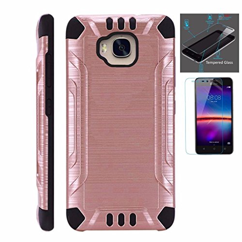 [WORLD ACC For Huawei Ascend XT Case + Tempered Glass Screen Protector / Slim Dual Layer Brushed Texture Armor Hybrid TPU Combat Phone Cover (Rose Gold/Black)