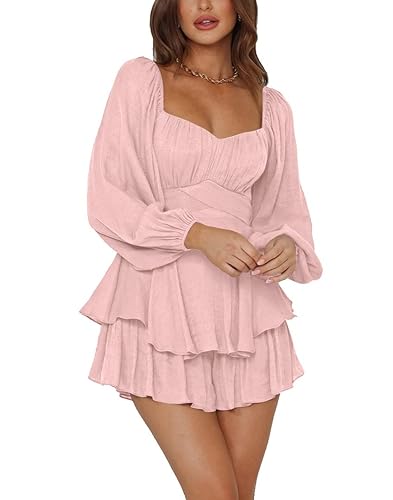 LYANER Women's Jumpsuit Lantern Long Sleeve Ruffle Layer Tie Mini