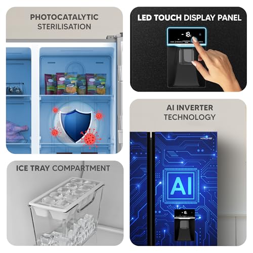 Krome 820L Gross Side-by-Side Refrigerator, 595L Net Capacity, No Frost, Inverter Compressor, Quick Cooling & Freezing, LED Touch Control, Twist Ice Maker, Dark INOX Metal Doors, KR-SBS 820WIH