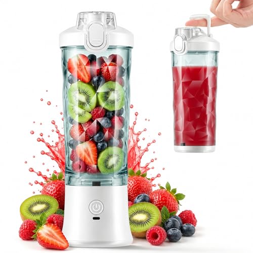 Licuadora Portatil, Licuadora con Bloqueo de Seguridad, 600 ml Licuadora Personal Recargable Adecuada, Blender Adecuada para Viajes y Fitness con Tapa Antiderrames (Blanco)