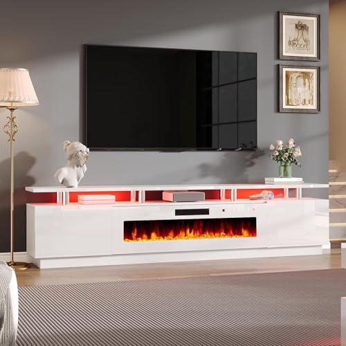 Jocisland Fireplace TV Stand with 50" Fireplace, 90" Modern High Gloss Fireplace Entertainment Center LED Lights, 2 Tier TV Console Cabinet for TVs Up to 100", All White