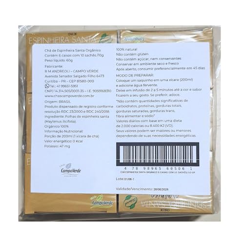 Kit 6cx Chá de Espinheira Santa Orgânico (60 Sachês) Campo Verde