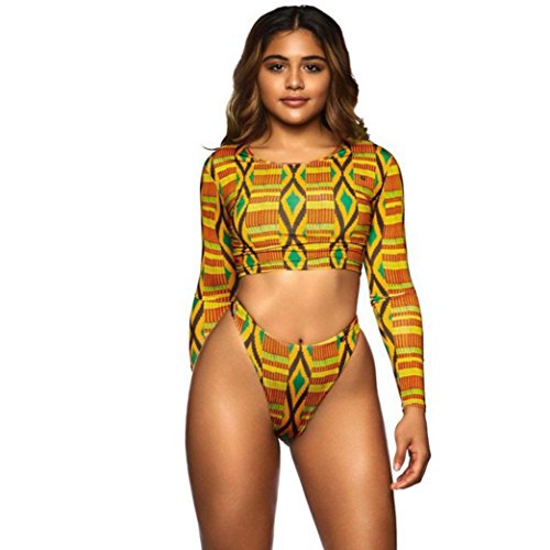 Dacawin Women's Long Sleeve African Print Beachwear Bohemian Swimwear (M, Yellow)