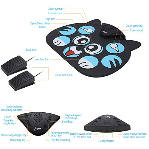 Lujex Portable Electronic Drum,9 Keys Electric Drum Pad Foldable Roll Up Portable Drum Practice Best Birthday and Christmas Gift for Kids (No Speaker and Battery) - Thumbnail 2