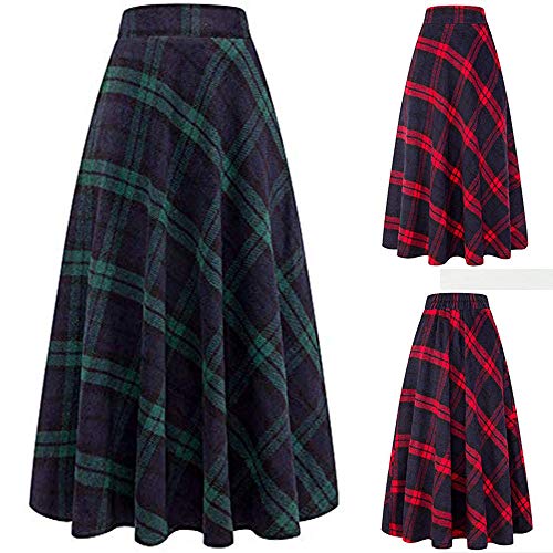 Womens Plaid Maxi Skirt A-line High Waist Winter Warm Flare Long Skirt Green - Thumbnail 3