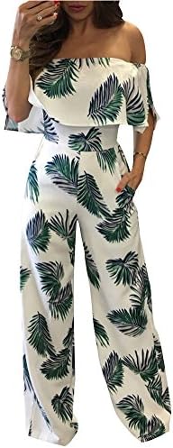 Dawnsnow Women's High Waisted Long Romper Ruffle Off Shoulder Jumpsuit (Tag XXL, Green)