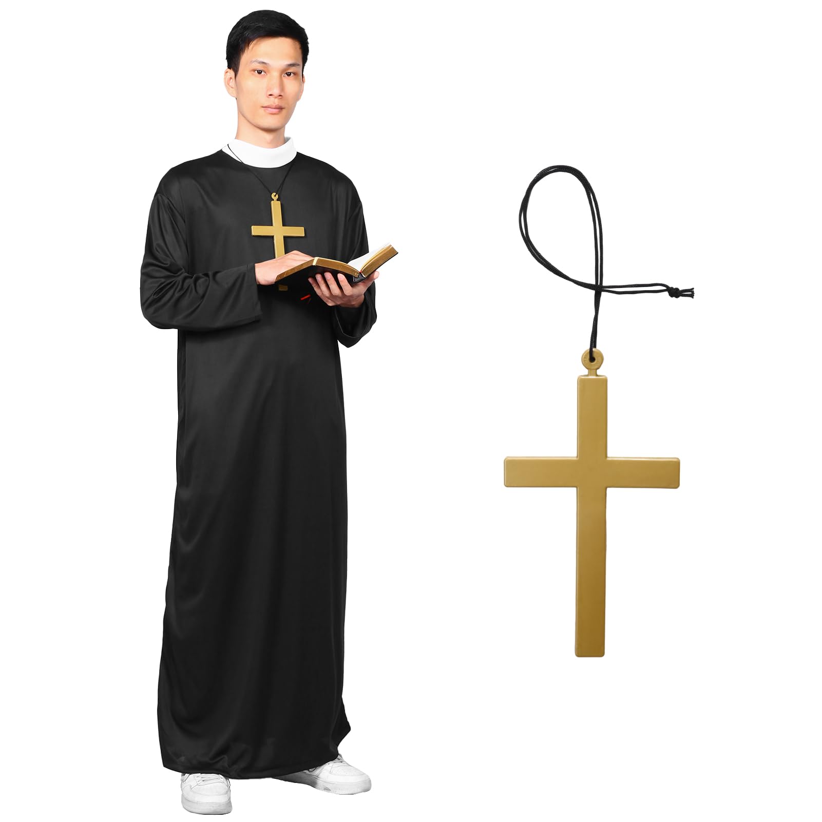Alaiyaky Monk Costume Set for Adult, Black Monk Robe Outfits with Cross Necklace Nun Turban, Priest Costume for Halloween Carnival Theme Party (Male, S)