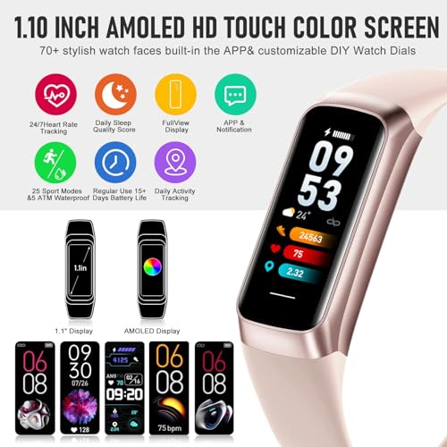 LBOYLOVE® Fitness Tracker, Step Tracker Smart Band, 1.1" AMOLED Touch Color Screen, Waterproof Fitness Wristband with Blood Oxygen/Heart Rate Monitor/Step Counter/Alarm/Timer/Calories/Sleep Monitor