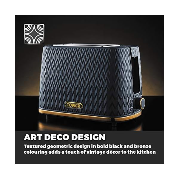 Tower T20054MNB Empire 2-Slice Toaster with Defrost/Reheat, Removable Crumb Tray, 900W, Midnight Blue and Brass