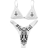 ANKOMINA Women Gothic Skull Letter Printed Two Piece Swimsuit High Cut Triangle Bikini Set for Rave Party Festival Halloween