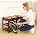 UNICOO - Antique Style Bamboo Shoe Bench Rack with Cushion Upholstered Padded Seat Storage Shelf Bench, 2-Tier Shoe Rack Entryway Shoe Organizer (Antique Brown -76)
