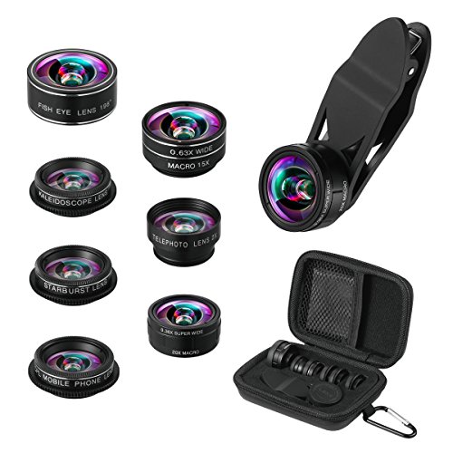 Criacr Phone Camera Lens, 9 in 1 Zoom Lens Kit, 0.36X Super Wide Angle Lens + 0.63X Wide Lens + 15X Macro Lens + 20X Macro Lens + 198Â°Fisheye Lens + CPL + Starburst Lens Telephoto Lens for Smartphones