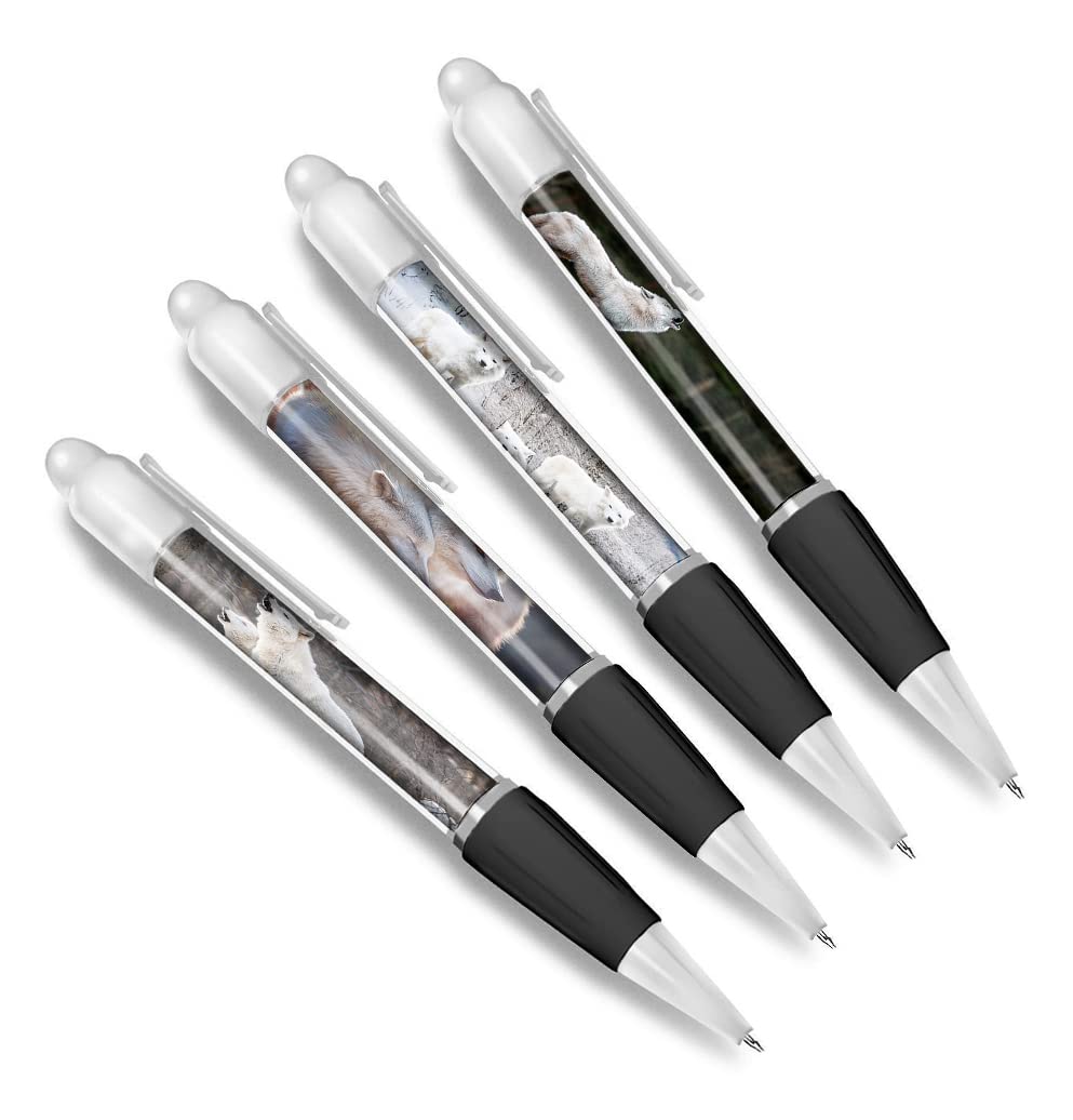 DV DESIGN Set of 4 Arctic Wolf White Ballpoint Pens - Wolves Animal Wild Nature Wildlife American Pattern Boys Girls Men Women Theme Pen #79420