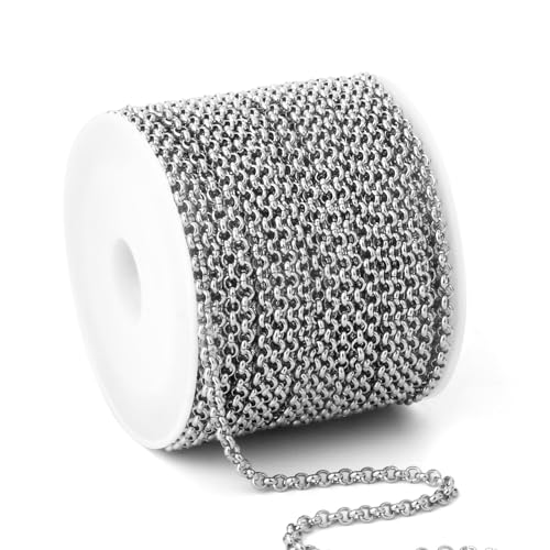 33FT Stainless Steel Rolo O Chains Roll, 2.5mm 304 Stainless Steel Round Rolo Chain Spool Bulk for Jewelry Making