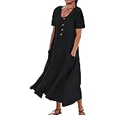 AUDATE Women's Plus Size Short Sleeve Casual Cotton Linen Long Dress Crew Neck Button Summer Beach Maxi Dress