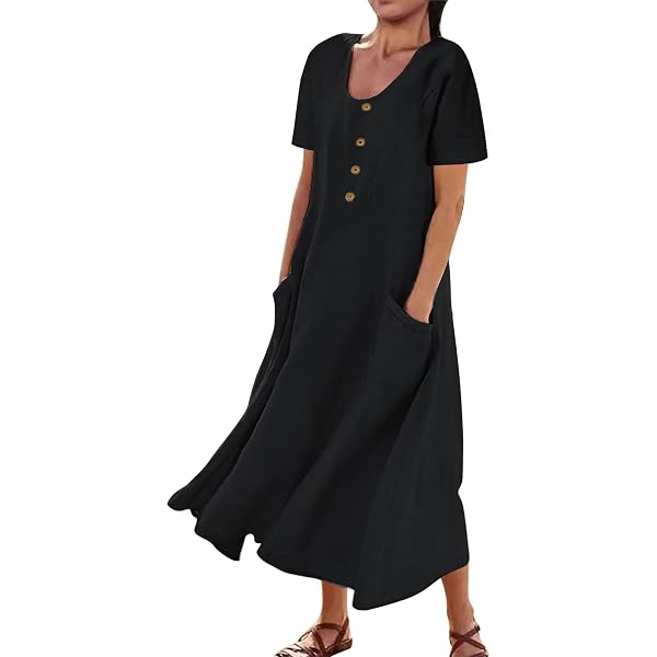 Amazon.com: Akklian Plus Size Cotton Linen Women Maxi Long Dress Tunic  Short Sleeve Maxi Dress Casual Loose Summer Sundress with Pockets : Clothing,  Shoes & Jewelry