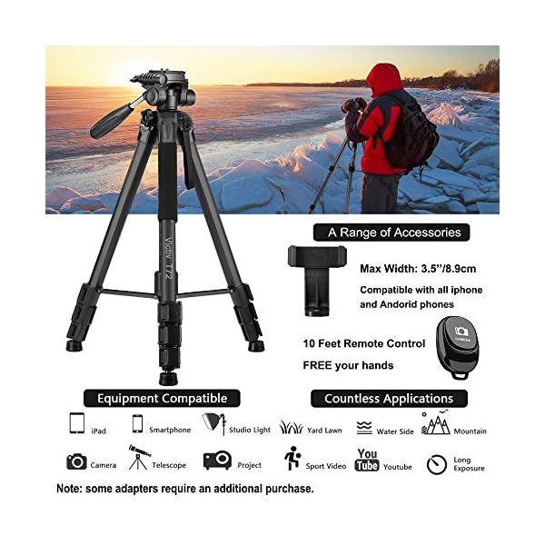 Victiv stativ Kamera 182 cm Aluminium Kamerastativ Einbeinstativ T72 Tripod- Leicht und Kompakt Reisestativ für unterwegs mit 360° Panorama Kugelkopf und 2 Schnellwechselplatte für DSLR - Schwarz – Bild 5