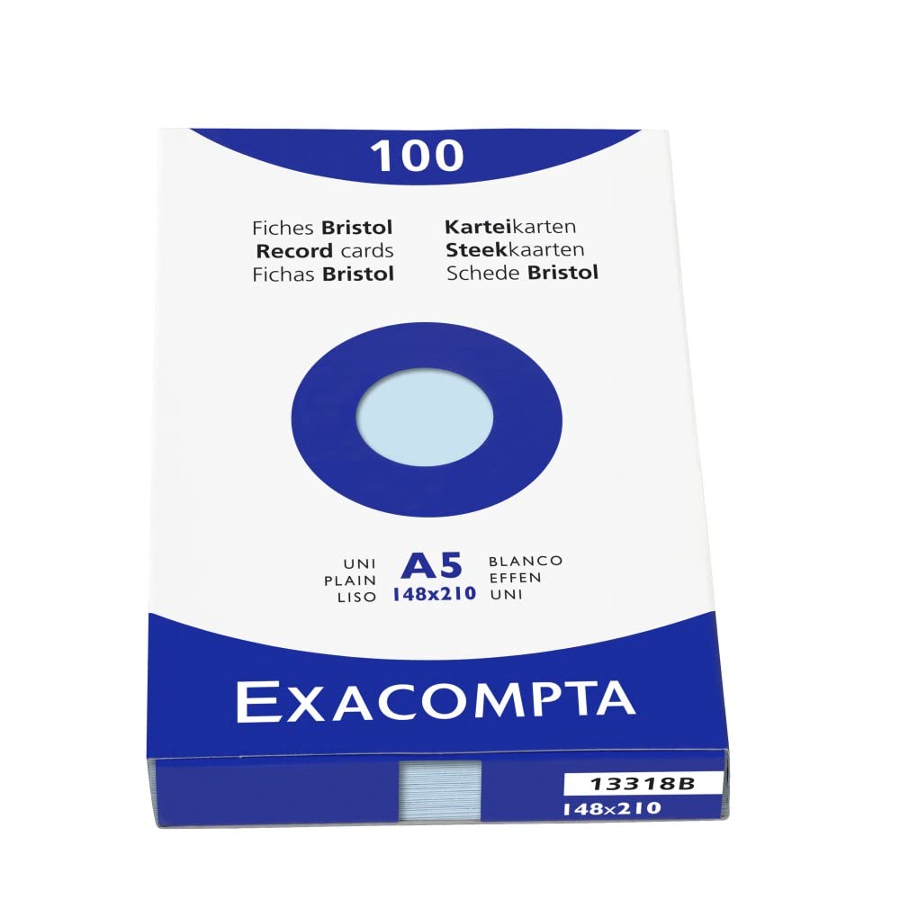 Exacompta - Ref 13318B - Bristol Plain Record Cards (Pack of 100) - A5 in Size, 205gsm Card, Compatible with Printers - Suitable for Exam Revision & Notes - Blue