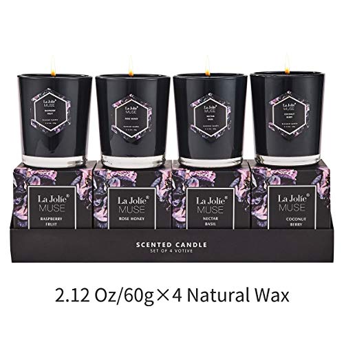 LA JOLIE MUSE Votive Scented Candles Gift Set - 4 Mini Natural Soy Wax Cobalt Blue Glass Candle, Coconut Berry/Rose/Raspberry/Basil - Thumbnail 6
