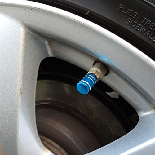 Tire Stem Valve Caps Cover Round Shape (Set of 4pcs) Aluminum with Gasket Rubber Rings Universal fit for All cars and Bike (Sky Blue)