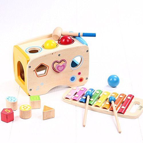 Wondertoys Wooden Toddlers Musical Toys Pound & Tap Bench Slide Out Xylophone with Mallet 3 Balls Shape Sorter Early Development Games for Toddler