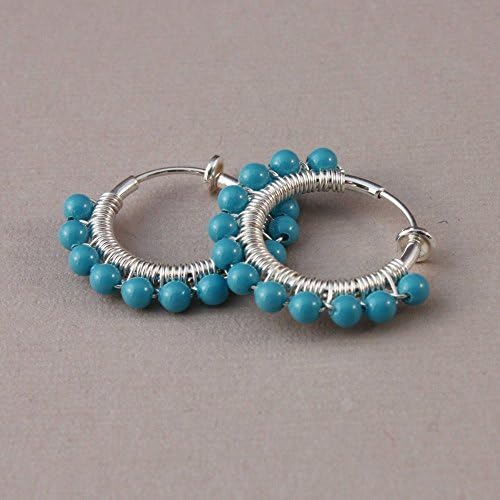 Clip hoop earrings wire wrapped with Swarovski blue pearls handmade clip on