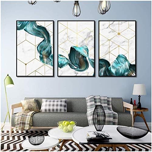 Marbled Green Abstract Lines Gold Line Canvas Painting Modern Home Decoration Art Poster Wall Pictures for Living Room 50x70cm No Frame
