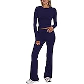 BORIFLORS Women's Workout 2 Piece Lounge Sets Long Sleeve Tops Foldover Flare Pants Casual Outfits Tracksuit