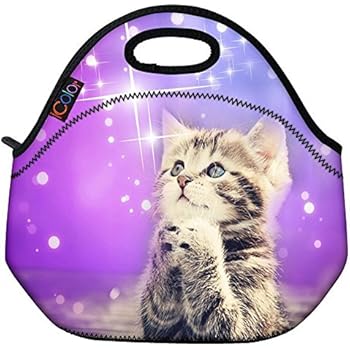 ICOLOR Cute Cat Girls Insulated Neoprene Lunch Bag Tote Handbag lunchbox Food Container Gourmet Tote Cooler warm Pouch For School work Office