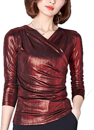 Alionz Womens Trendy Long Sleeve V Neck Unique Cross Wrap Tops T-shirts Metallic 3XL