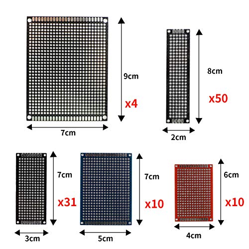 105 Pcs Double Sided PCB Board Prototype Kit Soldering 5 Sizes Black Red Blue 3 Colour Universal Printed Circuit Board for DIY Soldering and Electronic Project with Free Box