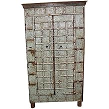 Mogul Interior Antique Cabinet Distressed Blue Indian Reclaimed Trunk Storage Hand Carved Rustic Armoire