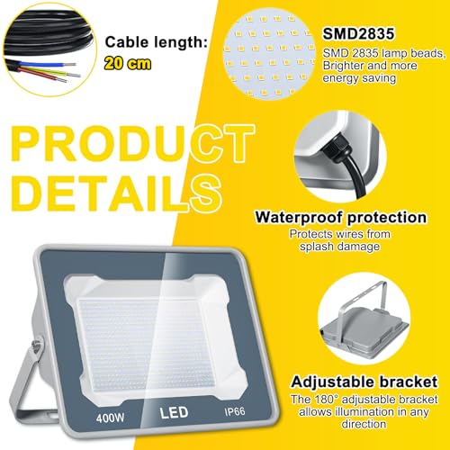 CREATESTAR Outdoor LED Spotlight 400W, Outdoor LED Spotlights 6500K 40000LM Cool White Light, IP66 Waterproof Outdoor Headlight for Sports Warehouse Garage Garden Parking Field Courtyard, 1 Pieces