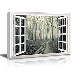 Modern White Window Looking Out Into a Road That Leads to a Dark Foggy Forest - Canvas Art Home Art - 24x36 inches
