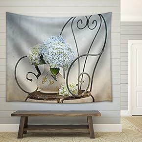Still Life with Hortensia Flowers in Old Vase on Retro Chair - Fabric Wall Tapestry Home Decor - 51x60 inches