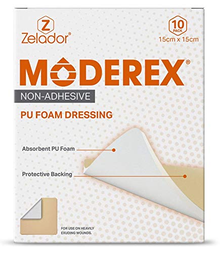 Moderex Non Adhesive Foam Dressing for Medium to Heavily exuding Wounds Providing a Soft sterile Cushioned Absorbent pad Permeable to Water Vapour Whilst maintaining a Moist enviorment 15x15cm