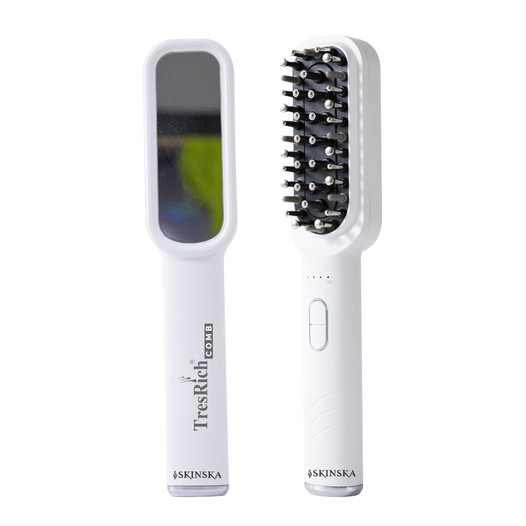 SKINSKA NATURALS Tresrich Rechargeable LED Hair Comb with Serum Dispenser & Vibration, Waterproof Scalp Massager for Hair Growth & Relaxation, Red & Purple Light Modes – Lightweight for All Hair Types