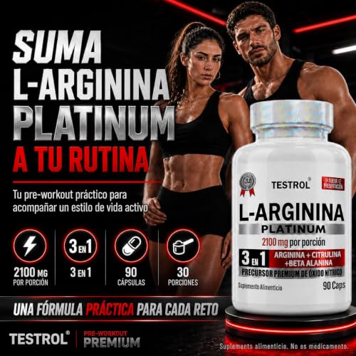Arginina Platinum 2100mg por porción | L Arginina + L Citrulina + Beta Alanina | Pre Workout | Pre Entreno sin Cafeina | Precursor de Oxido Nítrico | Testrol TSN (90 Cápsulas).