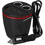 SUNGOLDPOWER Black 12V/24V Car Cup Holder Charger Cigarette Lighter Splitter Car Charger Power Adapter With 4 USB Ports And 2 Cigarette Lighter Charging Sockets LED Fuse For Apple And Android Devices