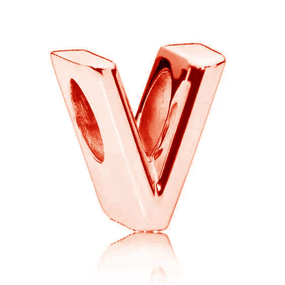 925 Sterling Silver Rose Gold Beads Alphabet Charms Letter Initial V Charm Anniversary Charm Words Charm fits Pandora Charms Bracelet (V)