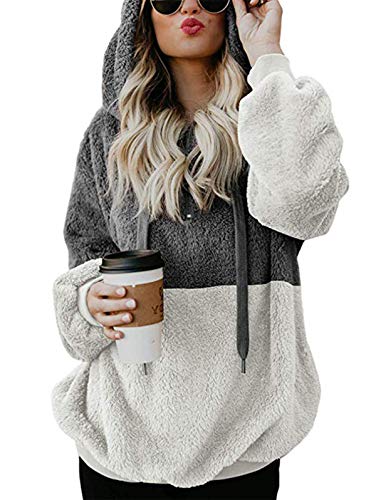 TEMOFON Women's Long Sleeve Zipper Sherpa Sweatshirt Pullover Fuzzy Fleece Winter Casual Hooded Outwear Jackets Coats Dark Grey M