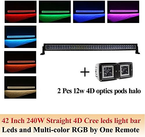 NKLighting 4D Optics Lens 240w 42" Straight Cree led work light bar with RGB halo ring Strip+2 Pcs 4D Led working Pods RGB halo for wagon,SUV Driving,Jeep, truck + 1x Free Swicth wireharness