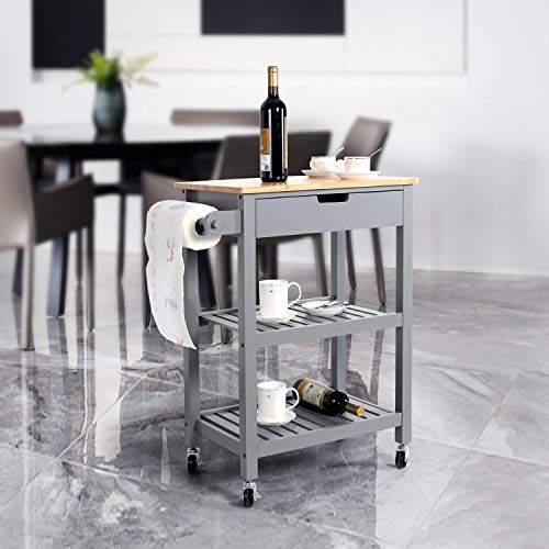 U-Eway Kitchen Rolling Island,Bar Serving Cart on Wheels,3 Tiers Wine Tea Beer Shelves Holder with Drawer,Trolley with Storage for Dining Rooms Kitchens (Grey) - Thumbnail 6