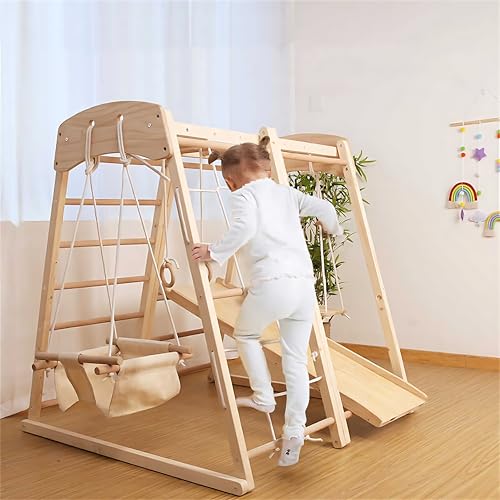AM ANNA Upgraded Indoor Playground 5-in-1 Jungle Gym Kids Climbing Toys, Montessori Wooden Climber Playset with Slide, Swing, Monkey Bars,Upright/Rope Ladder,Climb Net (Jungle Gym)