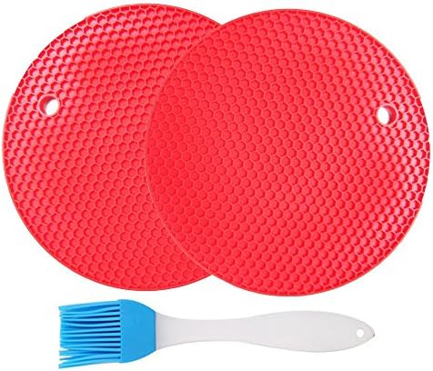 Jiaoyabuy Silicone Pot Holders Set of 2 Jar Opener, Trivets, Large Coaster, Spoon Rest, Flexible, Durable, Heat Resistant Mat with Basting Brushes for Home, Kitchen Utensils, Dining Usage Red