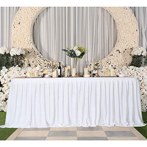 Eternal Beauty Sequin Table Skirt Rectangle Round Table Cover for Party Wedding Baby Shower Decoration（White，L 6(ft) * H 30in）