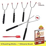 KESWON - Marshmallow Roasting Sticks Kit Extending Roaster - Set of 5 Telescoping Stainless Steel + 1 Free Silicone Brush - Smores Skewers & Hot Dog Forks Camping Accessories - FDA Approved