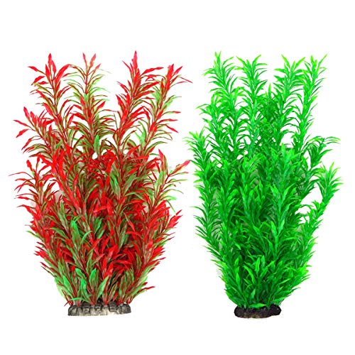 Smarlin Artificial Aquarium Plants, Plastic Fish Tank Plants Decor, 2 Pack, Non-Toxic & Safe for All Fishes (15 inches, Green&Red)