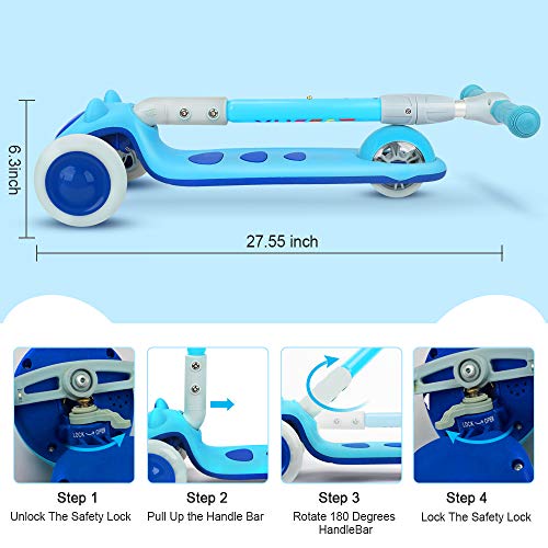 TONBUX Scooters for Kids Ages 3-8, Kids Scooter for Toddlers, Boys and Girls Scooter with Light Up 3-Wheels, Mini Scooter for Children, for Ride On Toys - Blue Cat Design